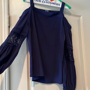 Thalia Sodi Indigo blue cold shoulder top. Size Lg